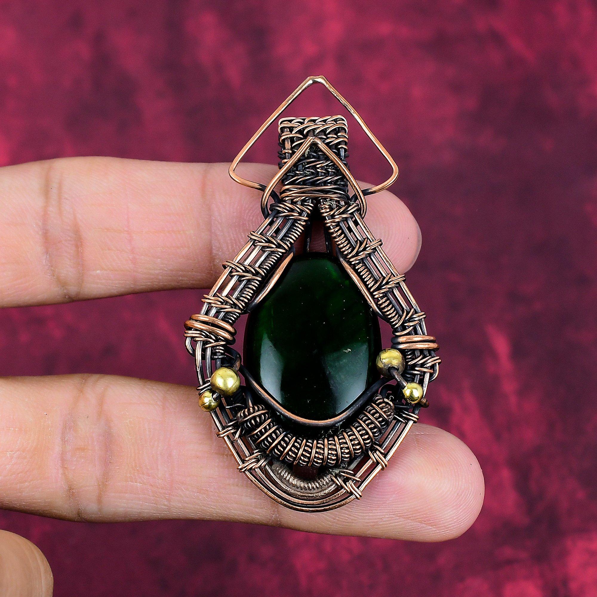 Green Fire Labradorite Gemstone Pendant Copper Wire Wrapped Handmade Jewelry