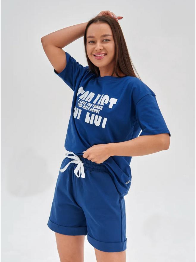 

Летний повседневный домашний комплект шорт в европейско-американском стиле - Пуловер с принтом букв и короткими рукавами XXL темно-синий