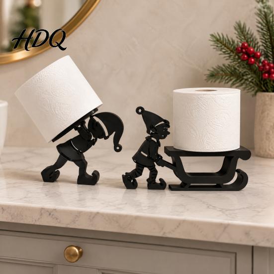 Novelty Paper Roll Storage Christmas Elf Towel Holder 3D Printed Matte Black Tissue Holder Stand Sleigh Silhouette Decorative for Kitchen