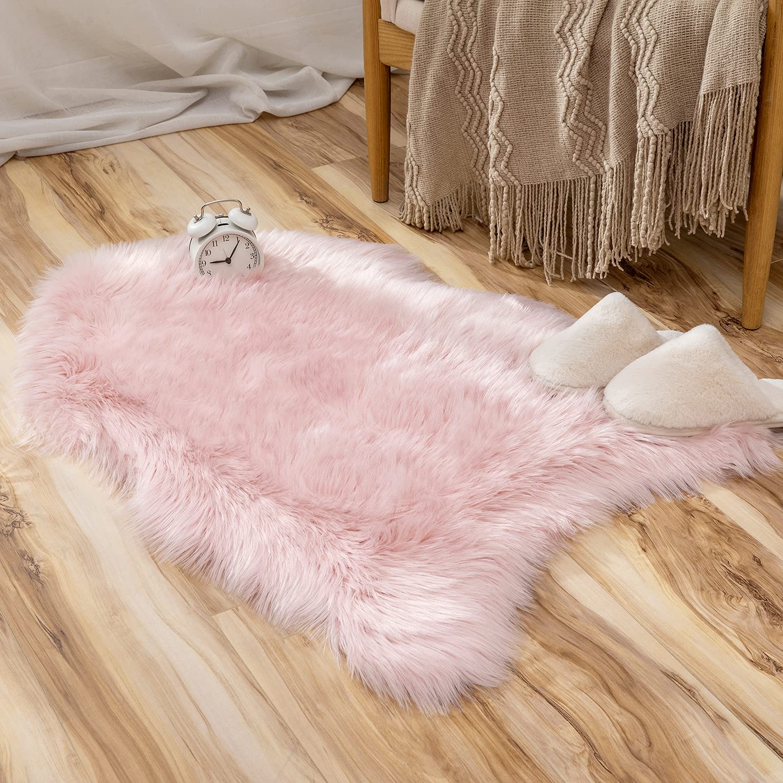 Tapis Luxe en Fausse Peau de Mouton Salon Tapis Doux Moelleux en Peluche Chambre d'Enfant Tapis de Chevet Tapis Rond en Fourrure Artificielle Tapis en Laine 60x120cm 23.6x47in rose