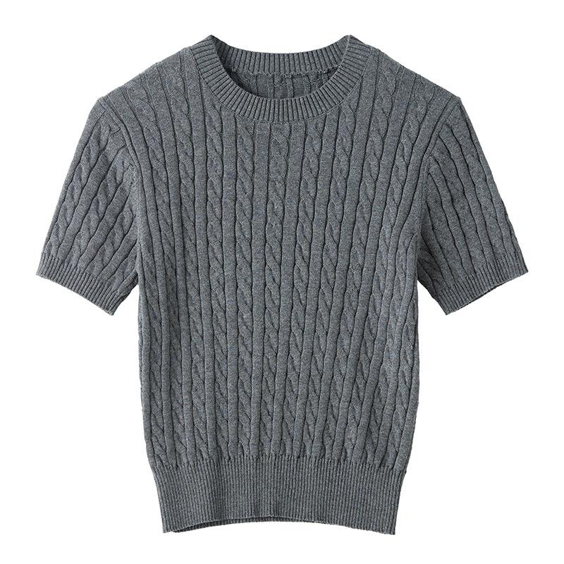 % Cotton knitted sweater women's summer new temperament high-end sense thin twist thin short-sleeved crew neck top thin