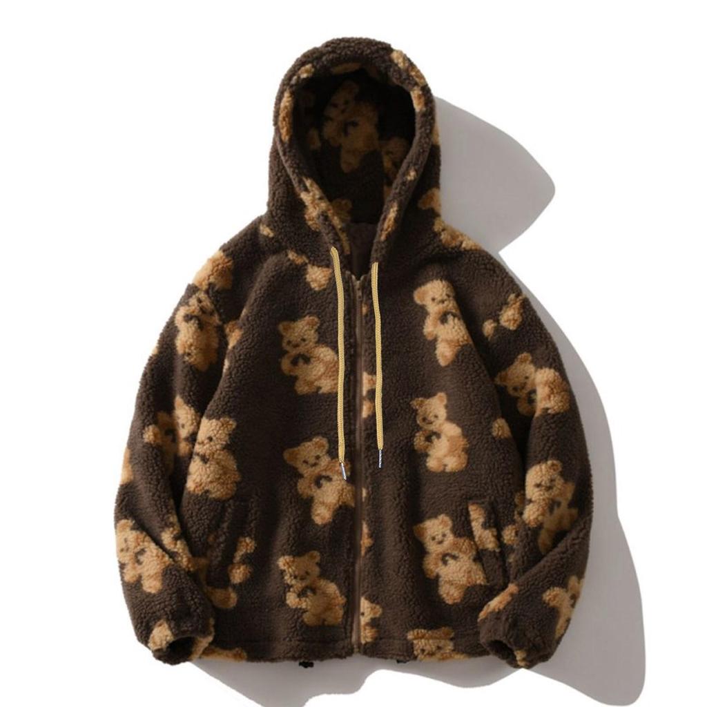 Women Hooded Plush Bear Print Cartoon Sweater Winter Warm Fleece Jacket
