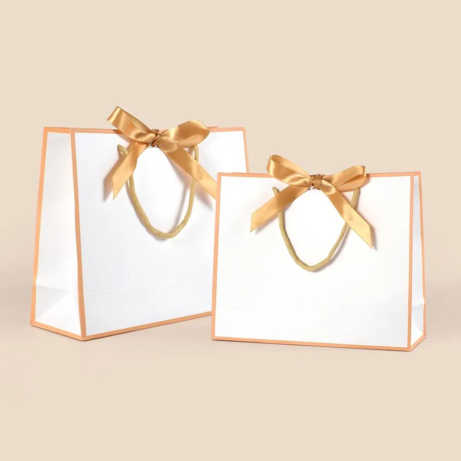 10/20Pcs White Bow Ribbon Gift Paper Bag Portable Clothing Handle Bag Convenient Present Wrap Bag Party Decorations Favors
