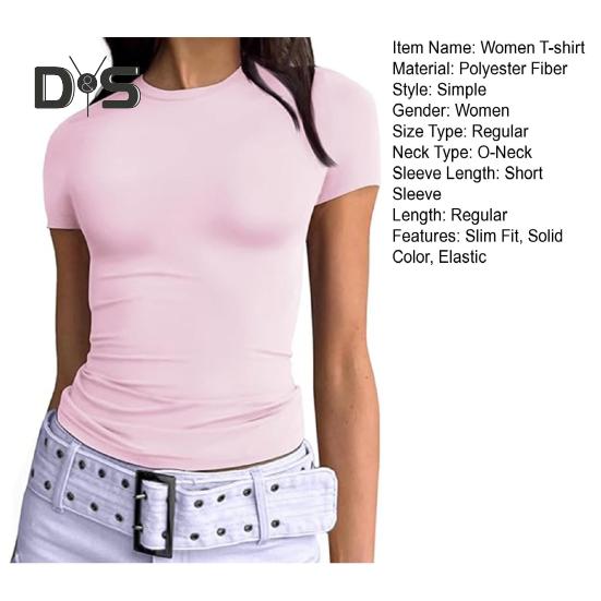 Dámské tričko s kulatým výstřihem a krátkým rukávem, jednobarevné tričko, slim fit, letní pulovrové topy, do práce, pro každodenní nošení