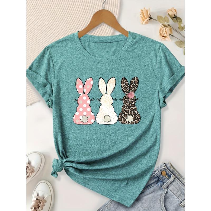 

Ladies casual cute leopard print colored rabbit ear series English letter printed round neck short sleeved T-shirt, suitable for spring and summer XL