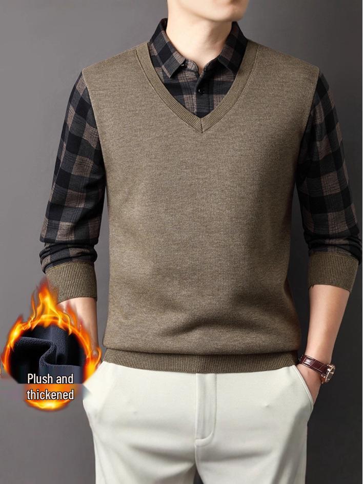 Men's Winter Plus Velvet Faux Two-Piece Shirt with Long Sleeves and Collar - Warm Base Layer for Middle-Aged Casual Wear