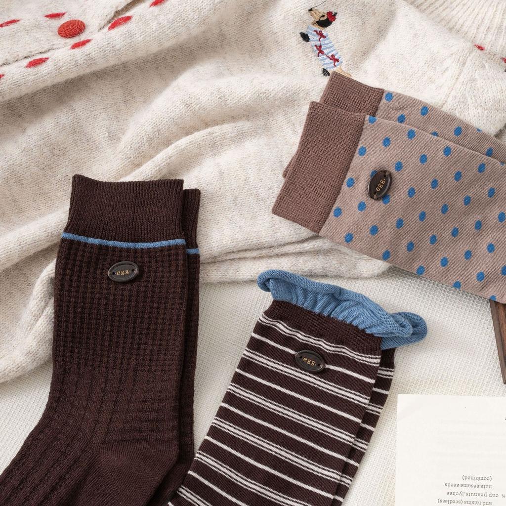 Vintage Polka Dot Stripe Button-Down Socks For Women Korean Maillard Coffee Color Contrasting Mid-Leg Socks Piled Up