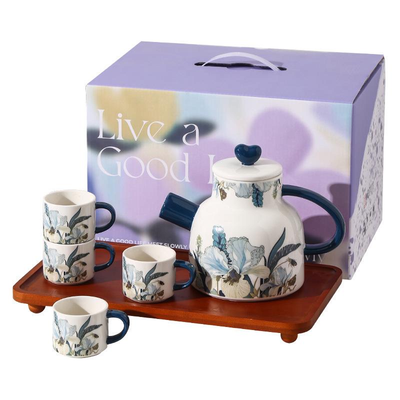 Iris High Value Tea Set Water Utensils Business Gift Set Retro Floral Ceramic Kettle Cup Souvenir