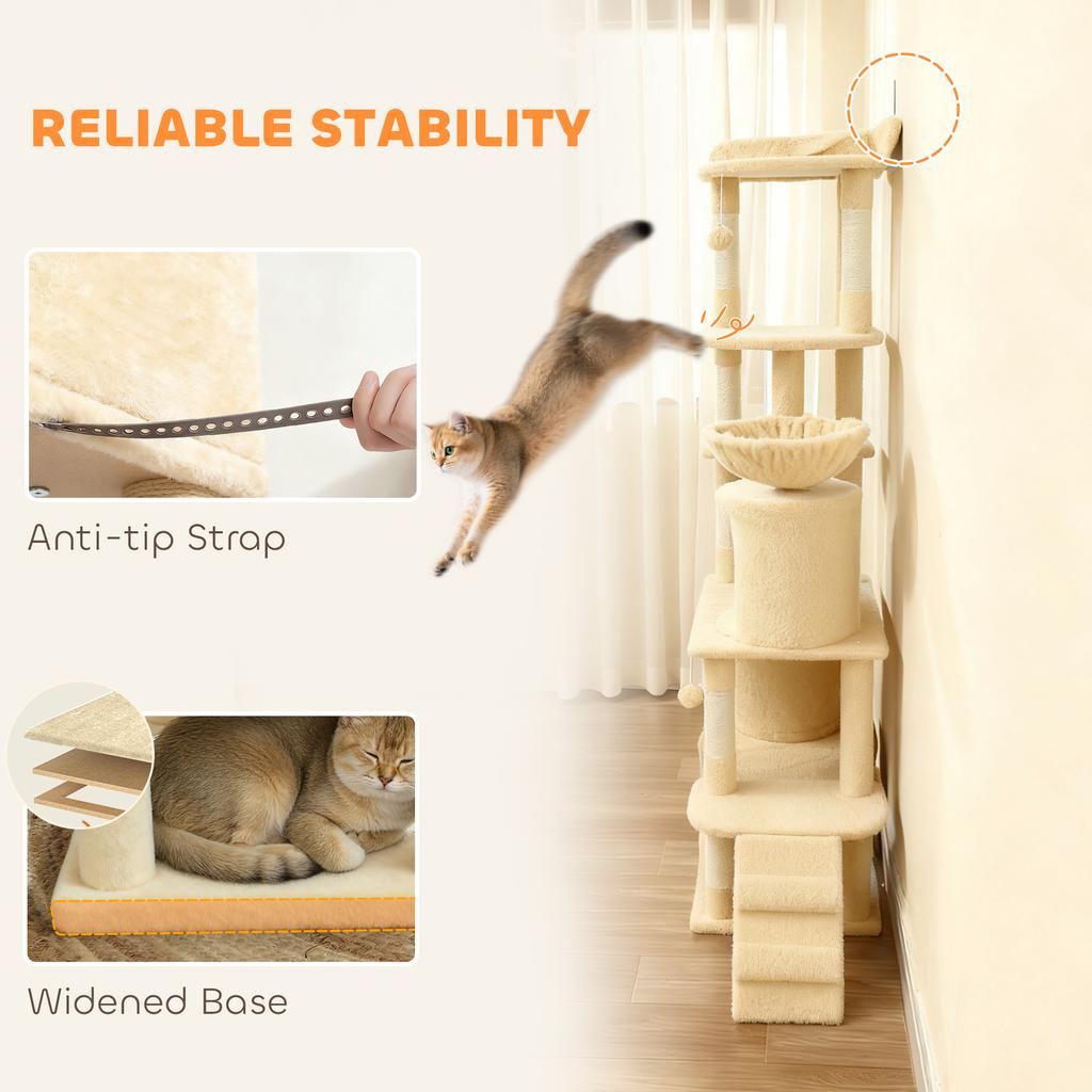 170 Cm Large Cat Tree Cat Tower With 7 Scratching Posts Tunnel 2 Condos Hammock Perch Ramp Pompoms Beige