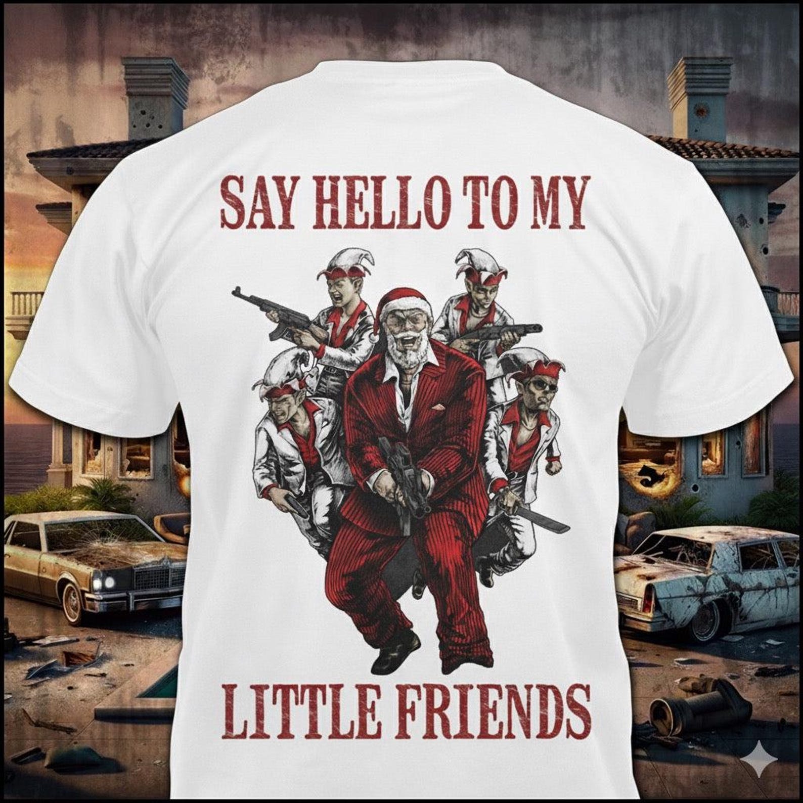 Gangster Santa Elves T-Shirt – Funny Christmas Movie Parody 3XL