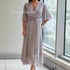 Nouvelle robe midi et longue en mousseline unie, sexy, à taille cintrée et col en V pour femmes