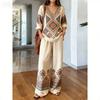 1116 Bohemian Print Cotton and Linen Shirt Wide-leg Pants Two-piece Set, Vacation Casual Suit Women Y1
