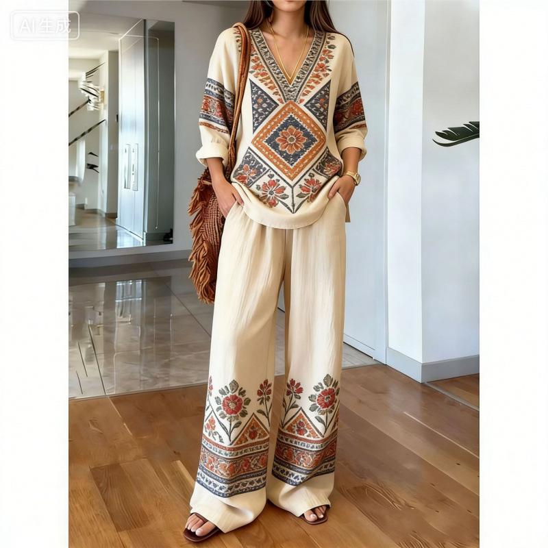 1116 Bohemian Print Cotton and Linen Shirt Wide-leg Pants Two-piece Set, Vacation Casual Suit Women Y1