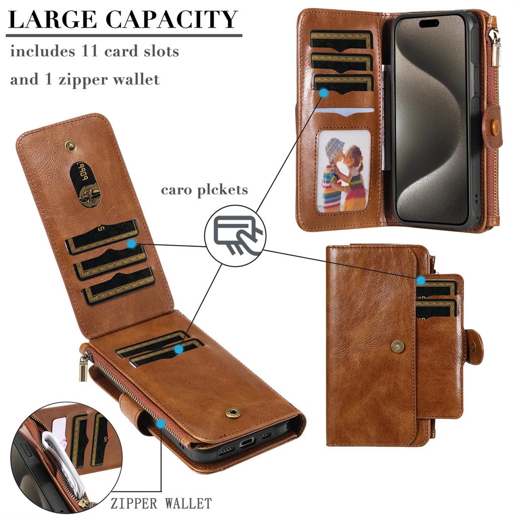 Luxury Detachable Retro Leather Case for iPhone 16 15 14 Pro Max 7 8 XR Xs Max 11 12 13 Mini 14 Plus Cover Zipper Wallet Purse