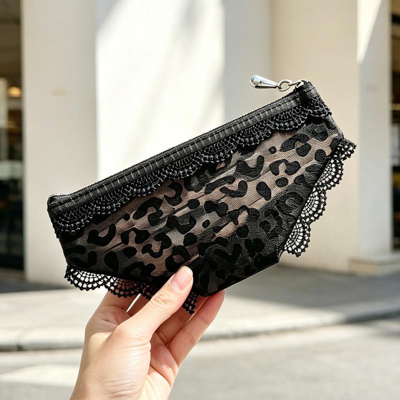 Bikini Briefs Shape Cosmetic Bag Lace Leopard Print Transparent Makeup Storage Pouch Mesh Y2K Toiletry Bag Storage For Travel