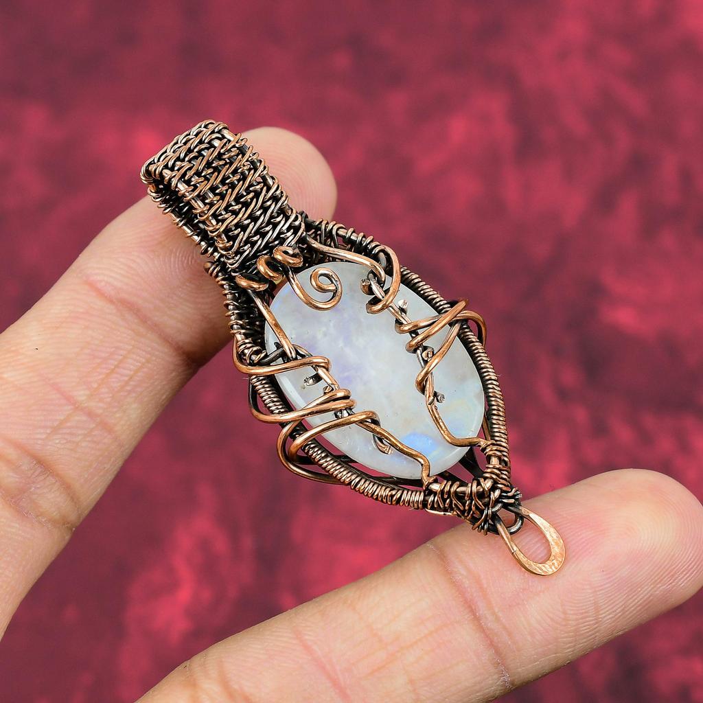Rainbow Moonstone Pendant Copper Wire Wrapped Pendant Gemstone Handmade Jewelry Stylish Pendant Antique Copper Wire Jewelry Engagement Gifts