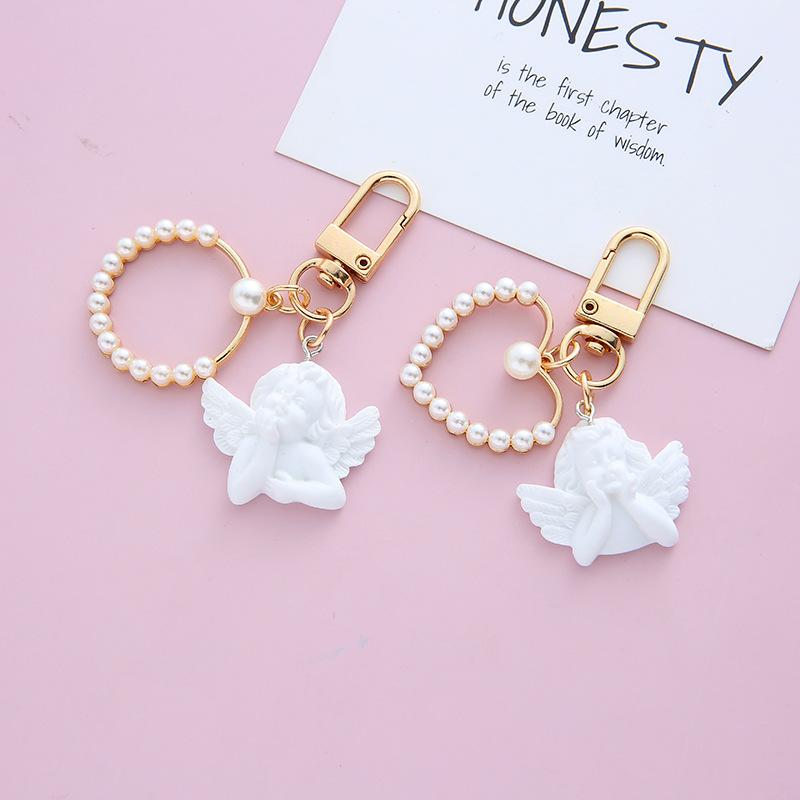 Creative White Angel Keychain Vintage Mini Pearl Keyring Gold Color Car Key Holder Bag Charms Accessories Holiday Gift For Women