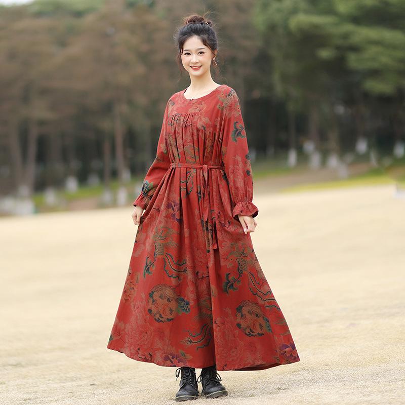 

Johnature Женское Осеннее Модное Платье С Длинными Рукавами Ретро Принт Платье Свободное О-Образным Вырезом В Китайском Стиле Повседневное Платье L красный