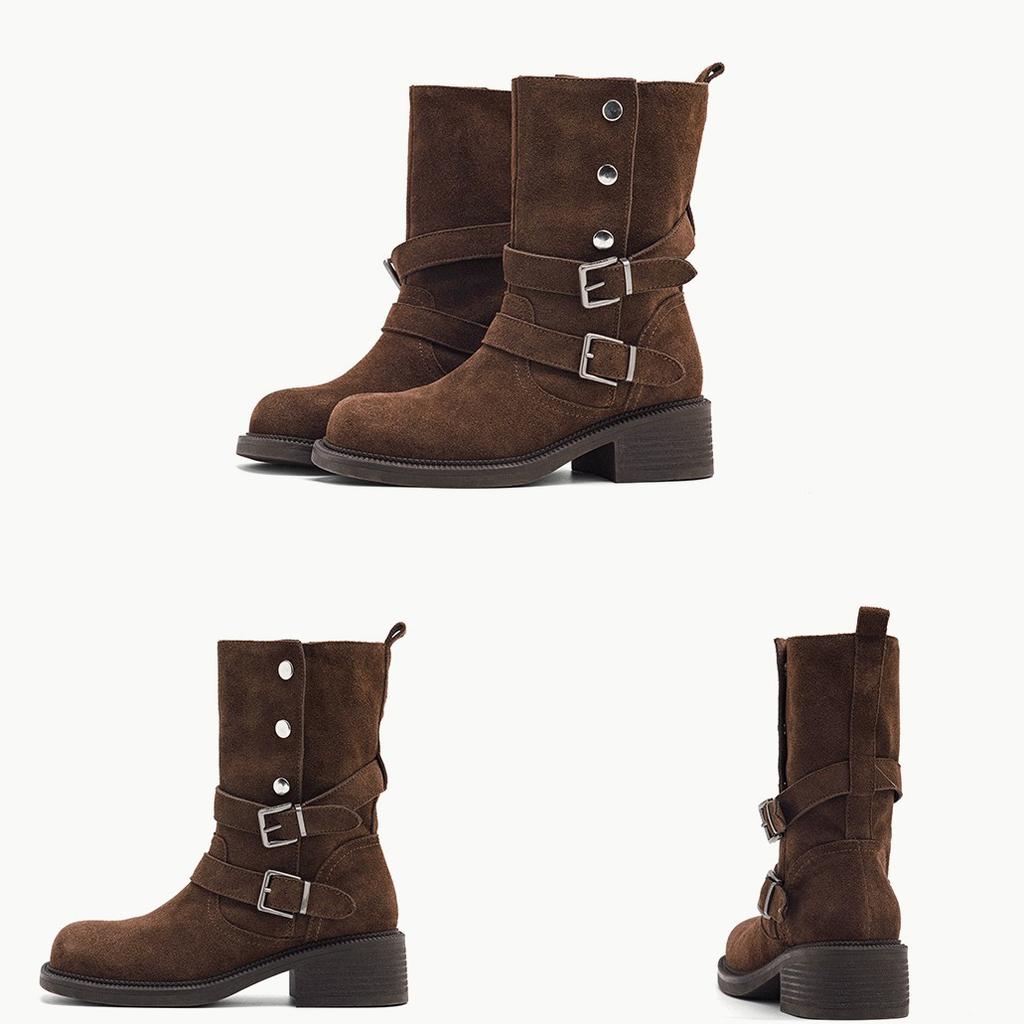 Cowhide version~ retro style women's shoes heightened 5.5cm Martin boots women's Maillard thick-heeled boots thick-soled buckle-strapped short boots