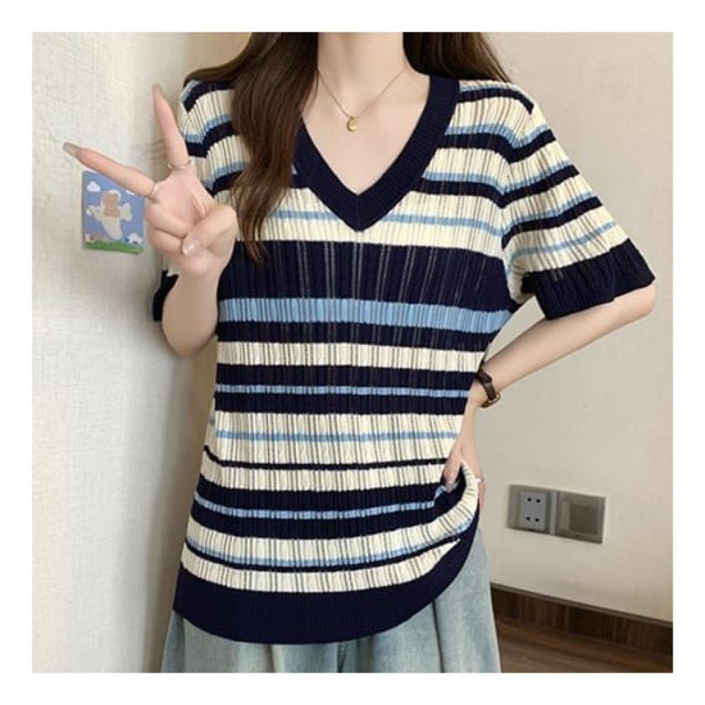 NaVaVa V Neck Short sleeVe Knit Striped Color Blocking Nk2133