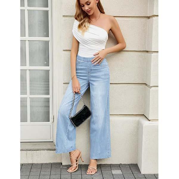 Women's High-Waisted Stretchy Wide-Leg Denim Pants, Washed, Loose Fit, Ideal for Sports and Outdoor Activities