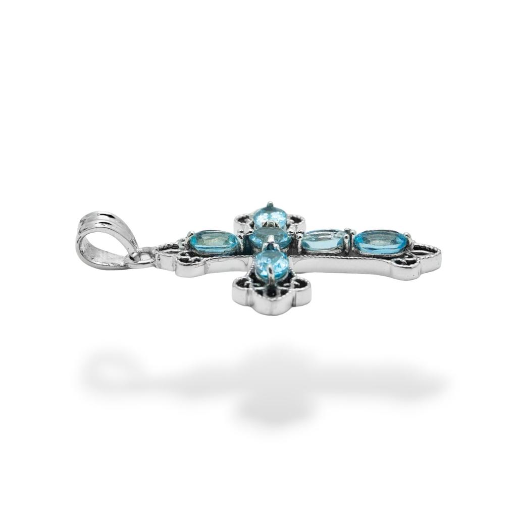 Blue Topaz Cross Pendant, 925 Sterling Silver Gemstone
