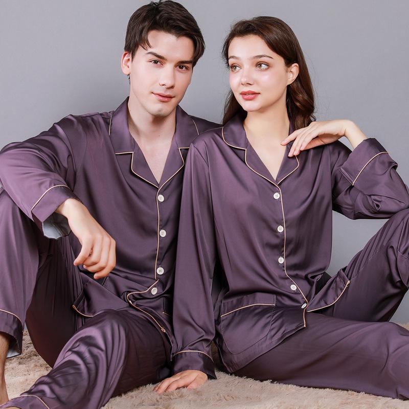2024 Couple's Long Sleeve Pajama Set - Men's and Women's Imitation Silk for Spring and Autumn.