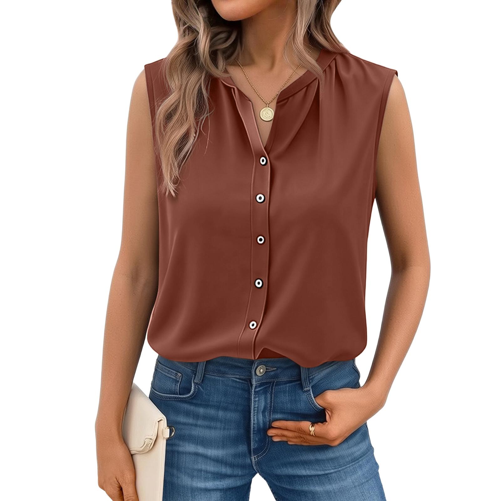 

Sleeveless V Neck Button Down Blouse for Women Casual Loose Fit Lightweight Summer Top with Front Pleat Design L кофейный