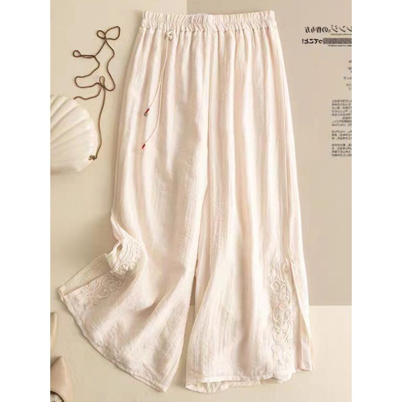 Leak-Picking ~ Counter Tail Linen Cropped Casual Pants Women's Artistic Embroidered High Waist Lightweight Summer Cotton and Linen Wide-Leg Pants