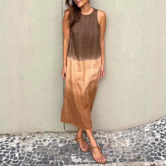 Summer Cotton Linen Dress for Women Casual Sleeveless Tunis Maxi Tank Dress Side Slit Beach Sun Dress