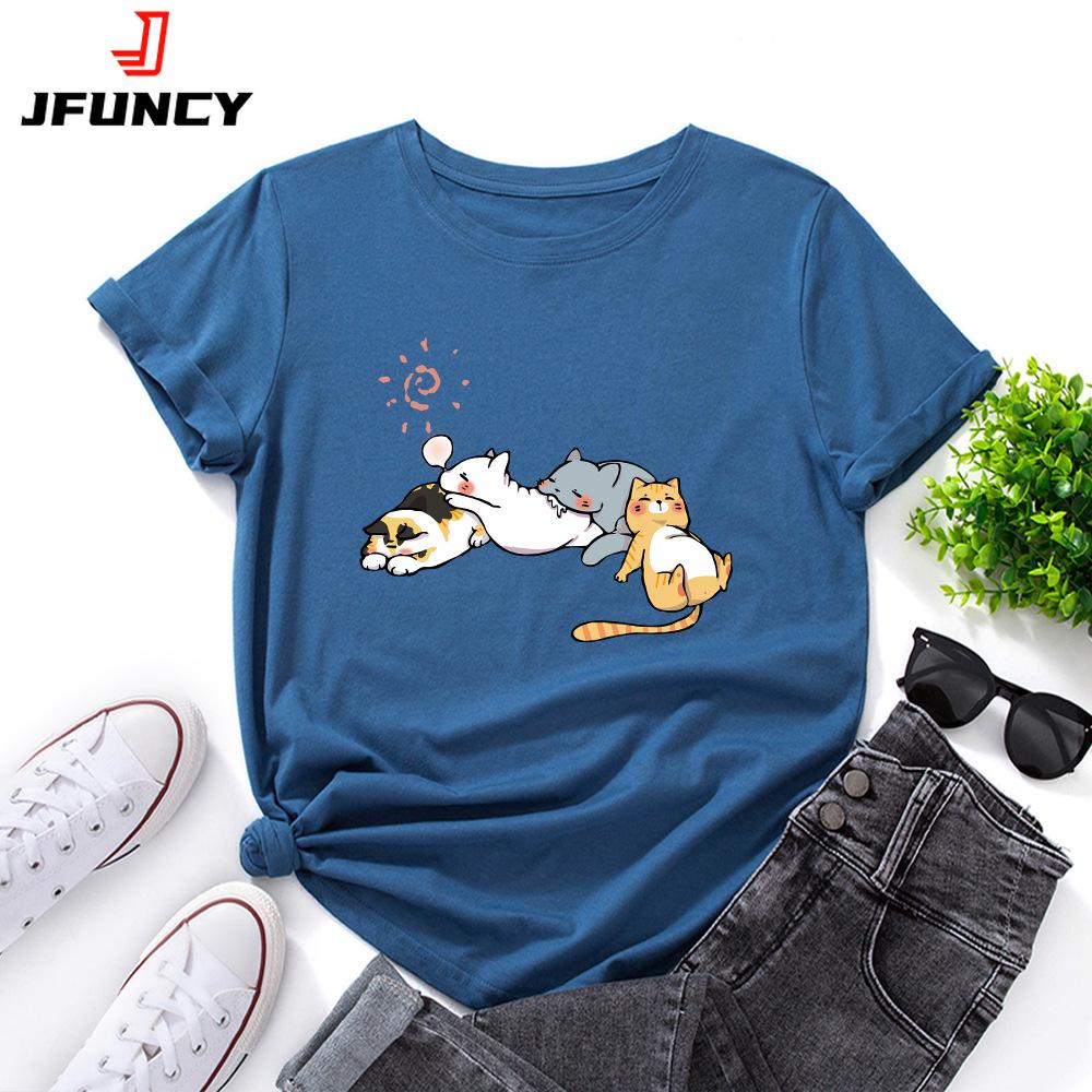 Women s T-shirt sleeping cat graphic printing loose T-shirt shirt short-sleeved women s T-shirt summer women s top M