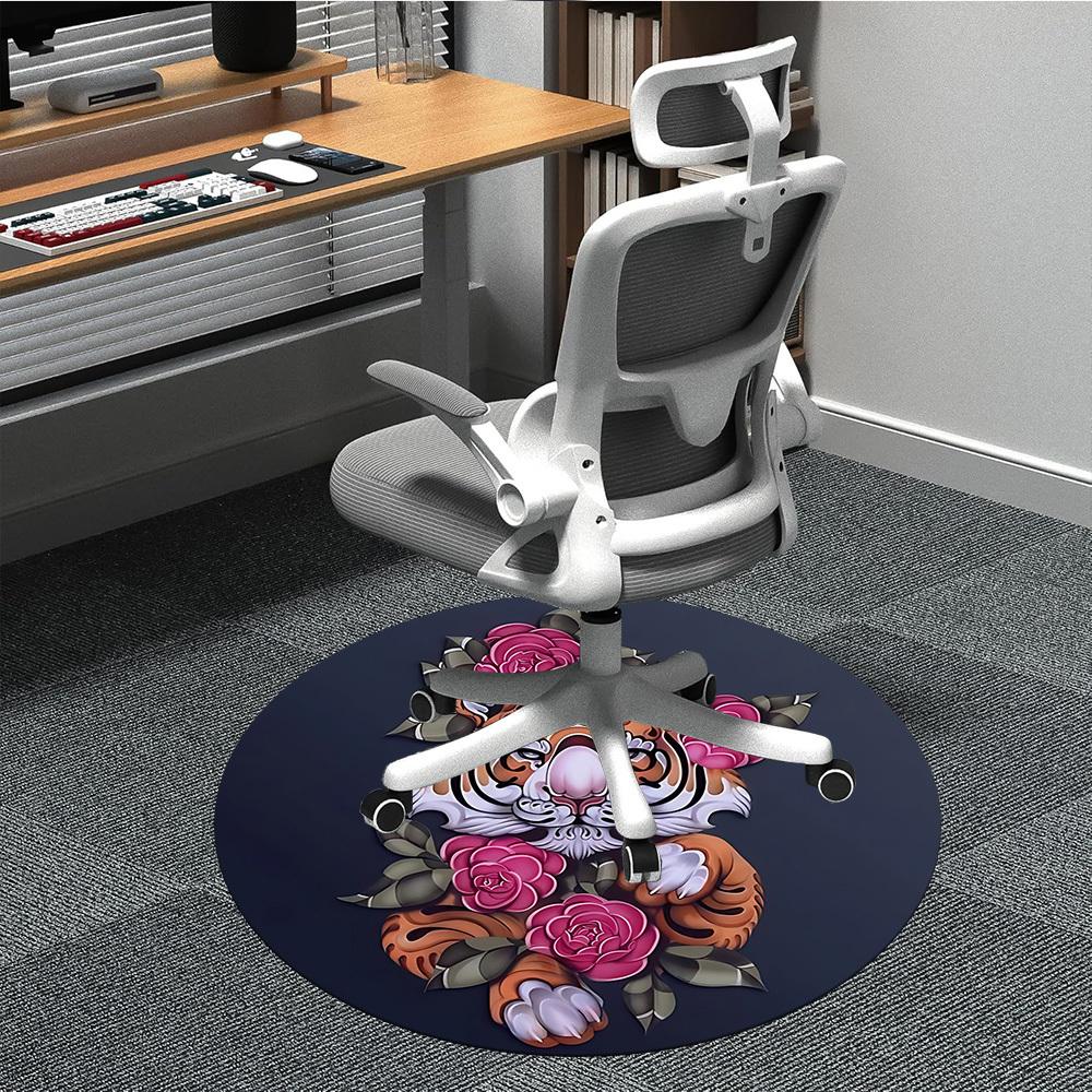 1PC Tiger Roses Office Round Rug, Non slip, Soft and Durable Office Rug for Interior Decoration, Perfect for Office