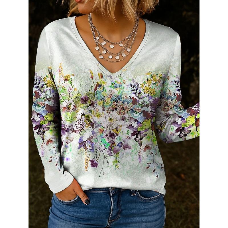 

Женские футболки с цветочным графическим принтом, растениями, V-образным вырезом, длинным рукавом, элегантные, модные футболки, обычные топы, женский пуловер, осень-зима XL