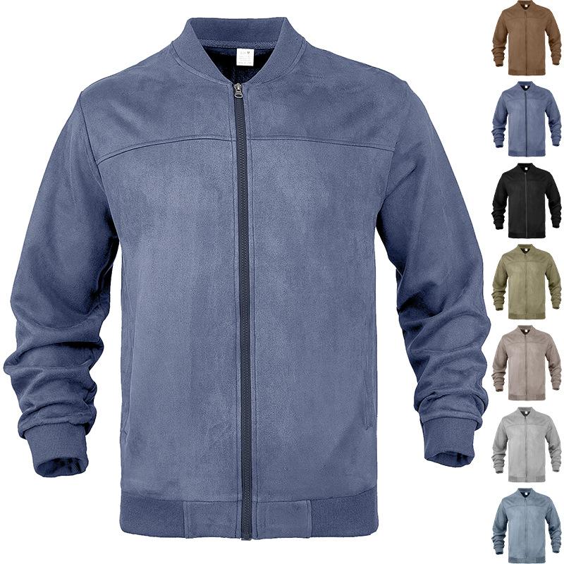 Men Faux Suede Bomber Jacket Stand Collar Full Zip Up Long Sleeve Solid Color Casual Outerwear Fall Daily Streetwear Coat