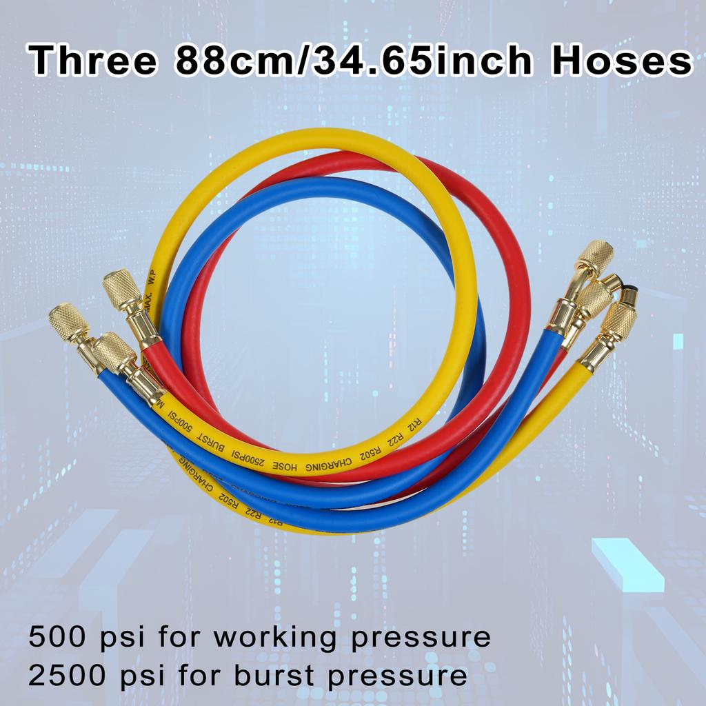 AC Gauges, AC Manifold Gauge Set for R134a R32 R22 R410A, 3 Way Automotive AC Gauge Set with Hoses Adapter