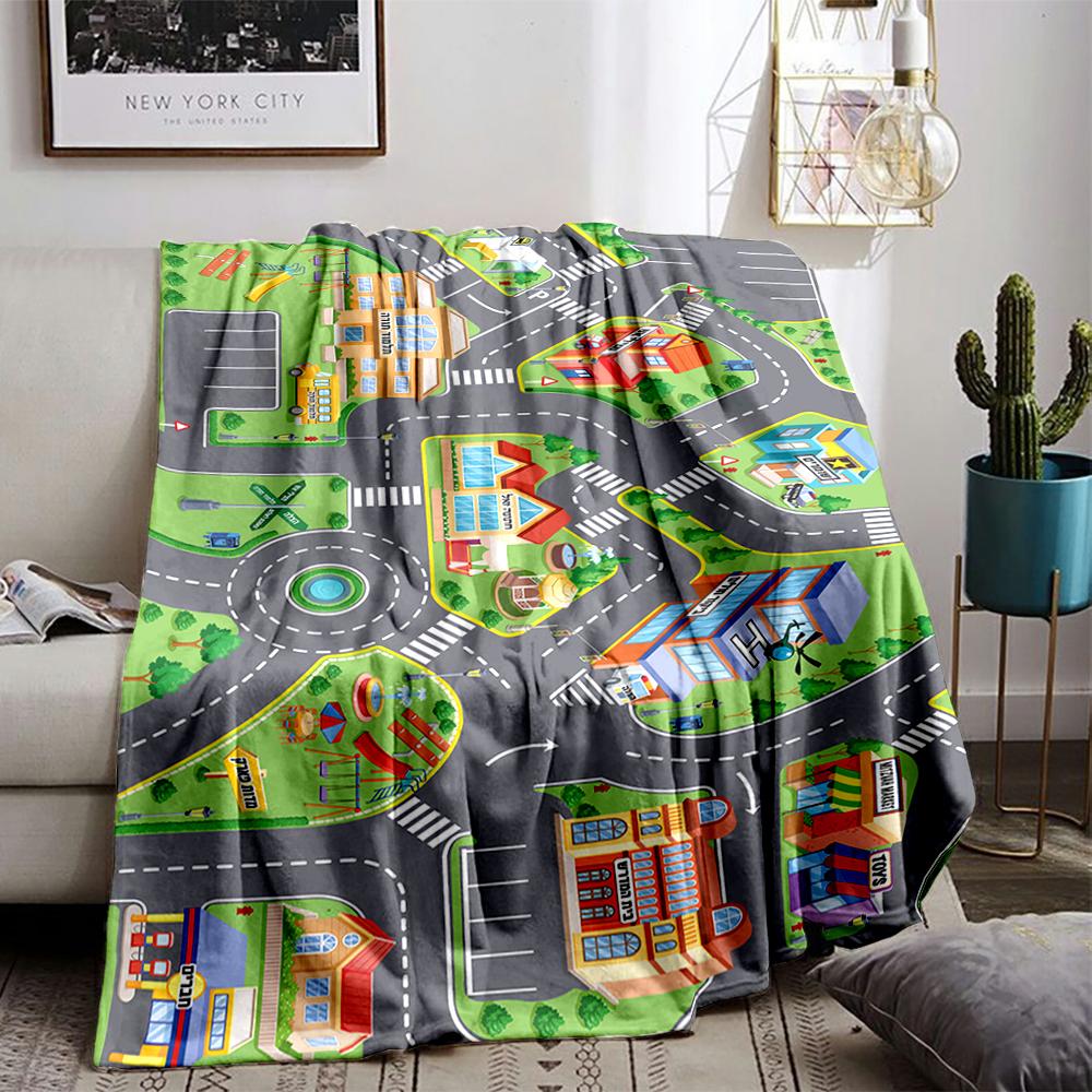 Colorful Cartoon City Map Design Flannel blanket for bedroom, living room, sofa, and nap