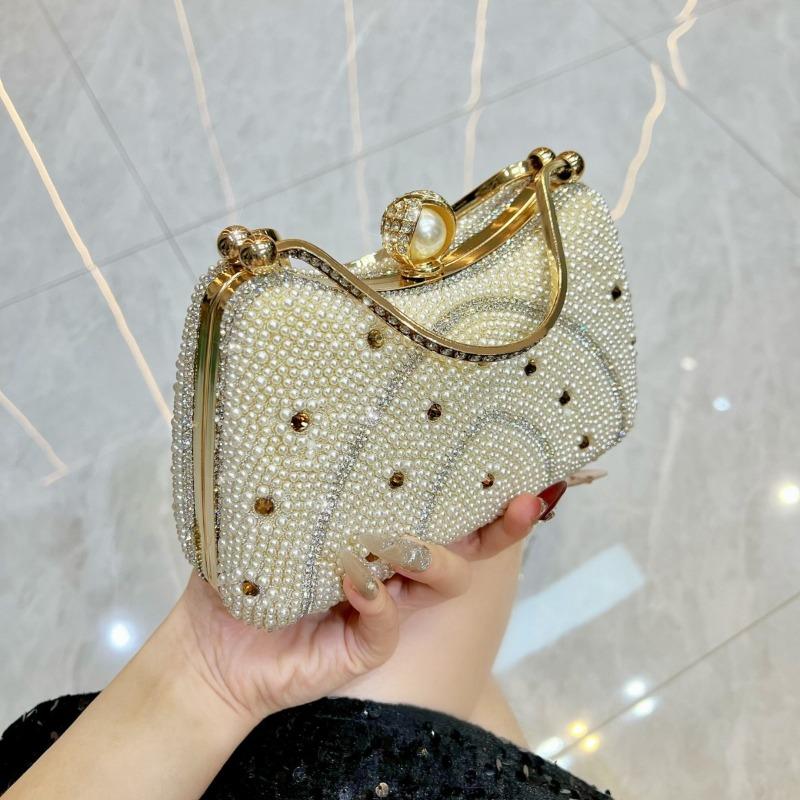 Evening Dress Bag with Pearl and Diamond Inlay, Small Chloé Fashion Handbag, Women's Chain Crossbody Bag
