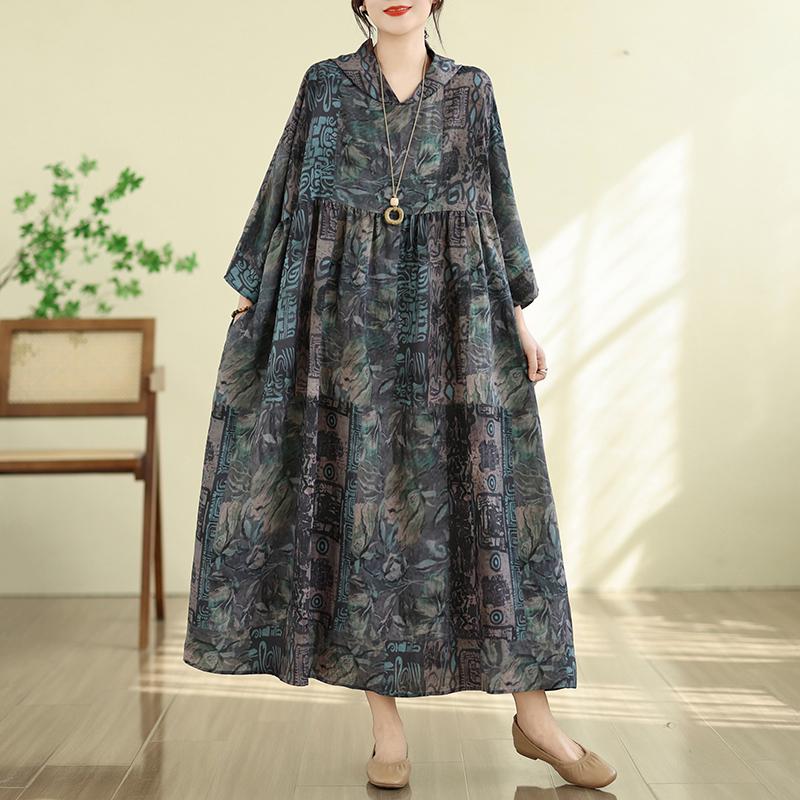 DIMANAF New 2026 Women Plus Size Summer Maxi Long Dress Cotton Hooded Loose Oversize Casual Lady Vintage Print Beach Sundress