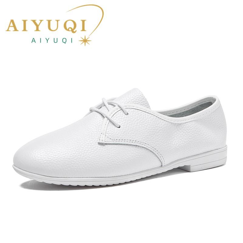 Fashion AIYUQI Nurse Shoes Women 2025 New Lace-up British Style Simple Cowhide Leather Ballet Flat Casual White Shoes Women