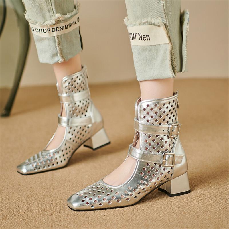 Fashion New Summer Sandals Square Toe Chunky Heels Fashion Hollow Out Sandals Shoes for Women Zapatos De Mujer Mesh Boots Sandals