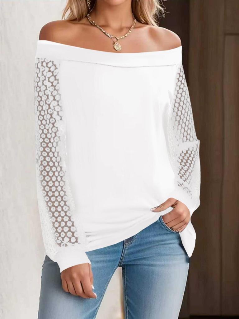 Spring/Summer 2026 Solid Color French Lace Patchwork Lantern Sleeve Crossover Women's T-Shirt