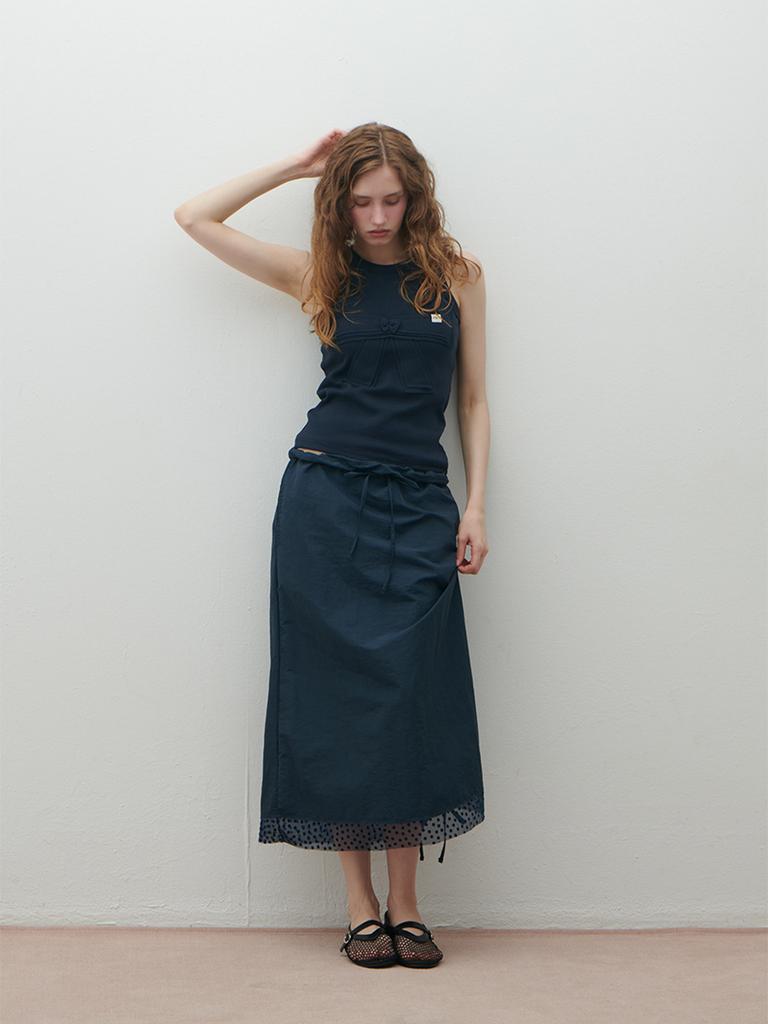 Double Hips Dot Color Block Nylon Skirt (Navy)