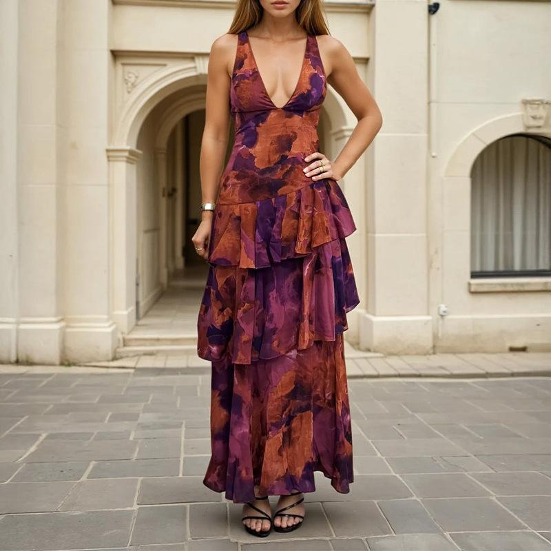Women s spring new, European and American dresses, elegant V-neck printed waist dresses S