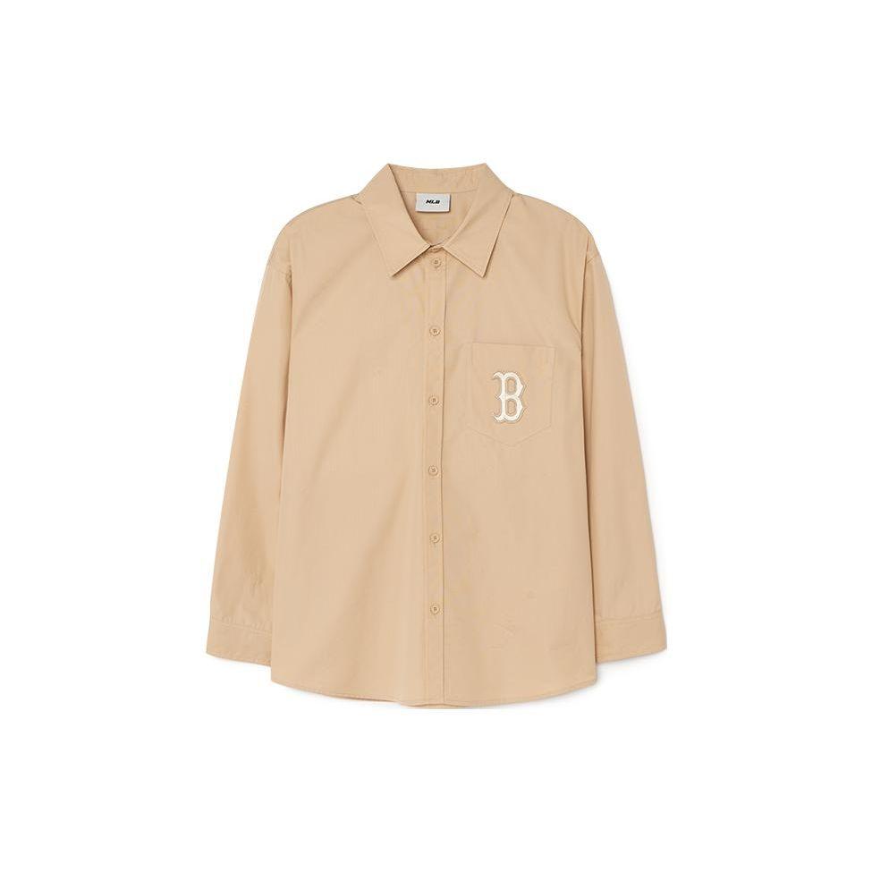 MLB Boston Red Sox Back Logo Printed Polo Button-Up Comfortable Long Sleeve Shirt Unisex Shirts Khaki 3AWSM0131-43SAL