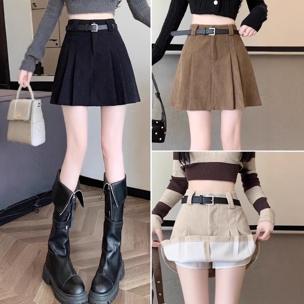 Ladies' High-Waist Corduroy A-Line Skirt – Autumn/Winter 2024 Collection, Slimming Petite Pleated Design