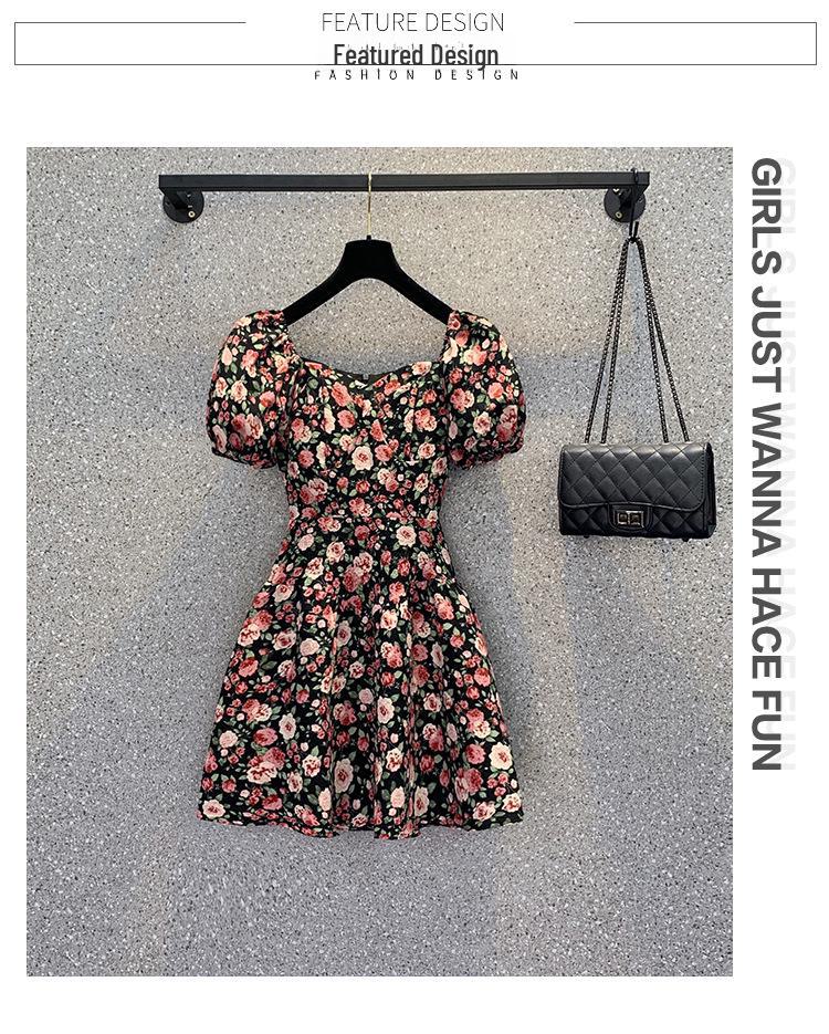 2023 Plus Size French Floral Puff Sleeve Dress: Slimming, Square Neck Summer Style