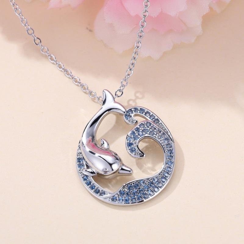 Popular Women s Simple Versatile Palladium White K Sea Blue Diamond Dolphin Wave Necklace