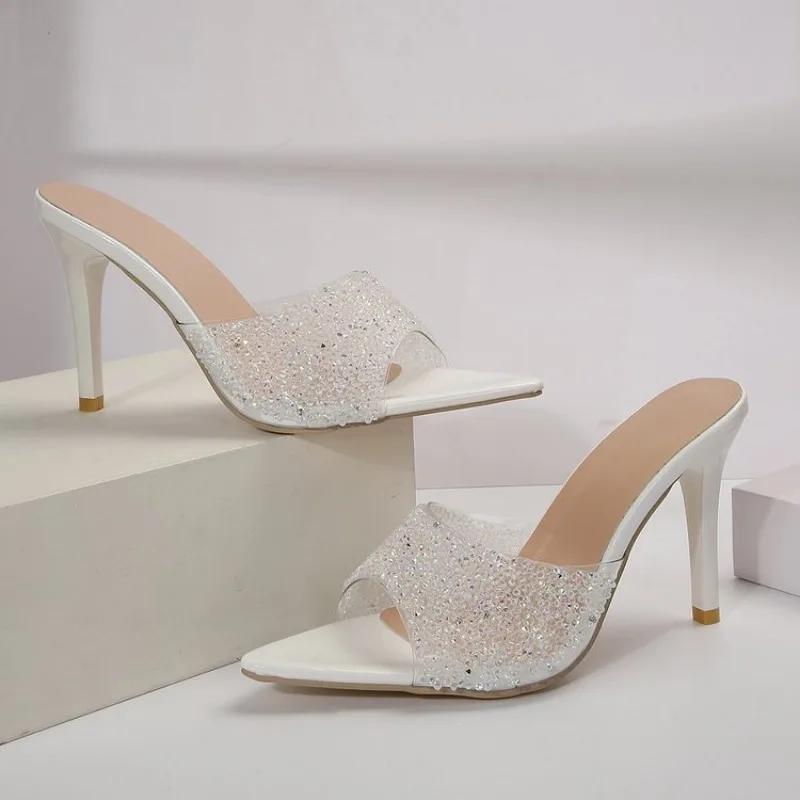 Summer Women High Heels Luxury Crystal Sequin Casual Slippers Temperament Pointe Stiletto Heeled Slippers Women Mueller Slippers