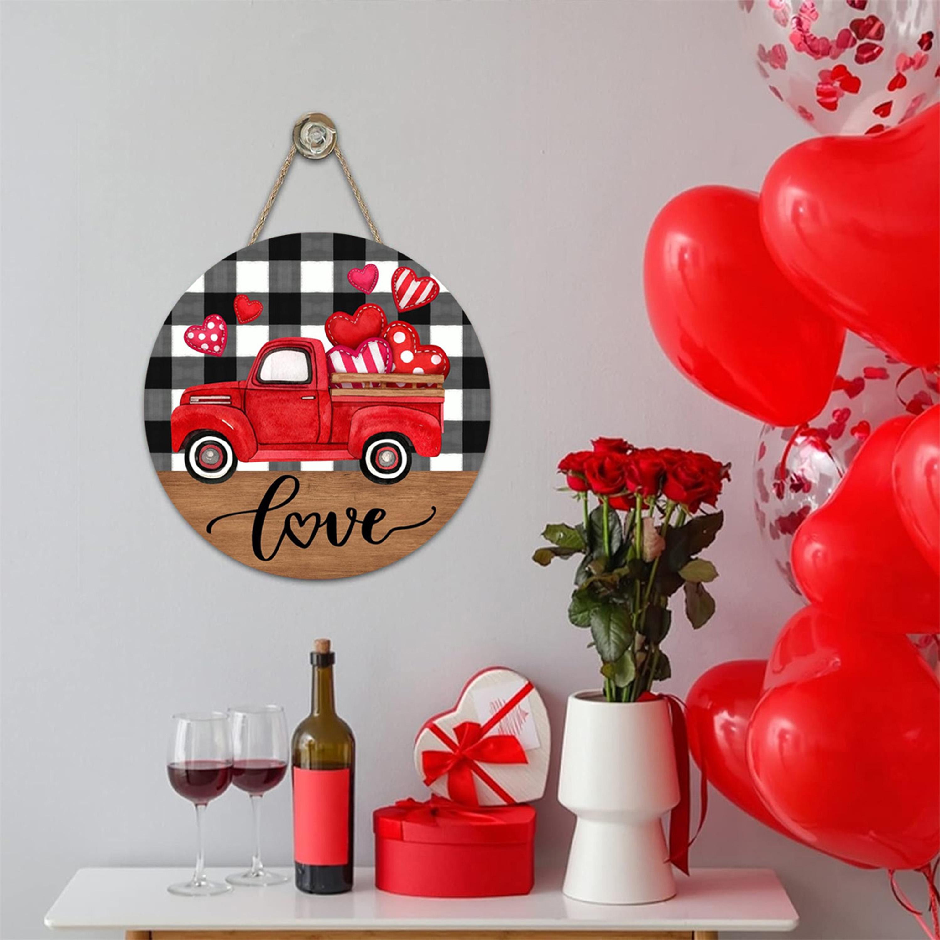 

Valentines Day Wooden Door Signs Red Truck Hearts Wood Door Hanger for Front Door Farmhouse Home Party