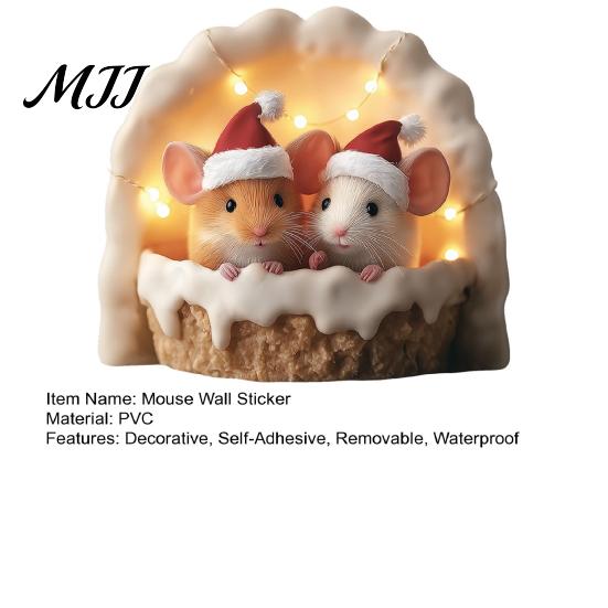 Waterproof PVC Glass Clings Cute Mouse Wall Sticker, Decal, Winter Santa Hat Cartoon Stickers Art Decor, Self-Adhesive Window for Christmas